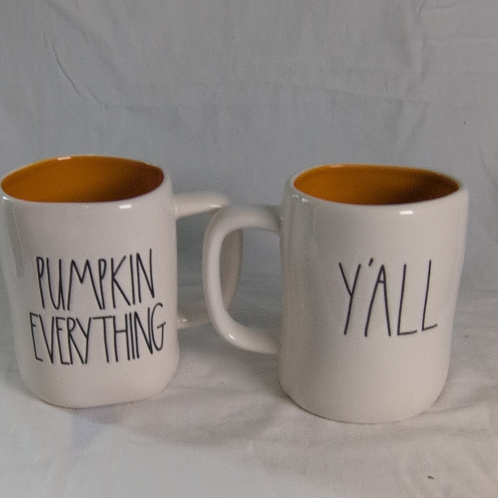 Rae Dunn Artisan Collection Pumpkin Everything Y'all Coffee Mug Set White Orange
